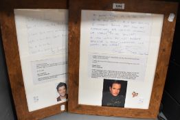 Two framed letters, in support of the flood recovery fund, one being from Robson Green and the other