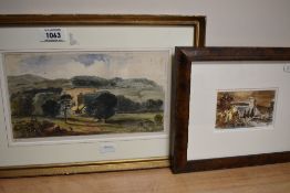 An early 20th century watercolour sketch, rural church scene, mounted and initialled A.E in pencil