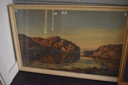A mid-late 20th century colour print, natural harbour scene with rowing boat, framed and glazed 58cm