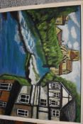 An oil on board depicting Tudor house and church by river.