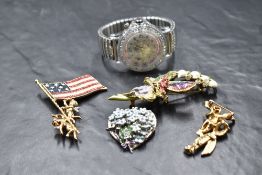Four Kirksfolly American enamelled fashion brooches and a Kirksfolly fashion watch