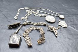A selection of silver jewellery including an Albertina chain, filigree bracelet, medalion, '
