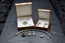 A small selection of silver jewellery including faux opal set bracelet, multi stone gold plated