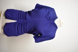A 1940s Royal blue crepe blouse, having gathers to bodice and waist, side metal zip and tie