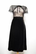 A 1940s velvet and lace gown, having shawl collar with velvet bow, the bodice and collar being lined