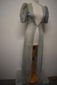 A Decadent 1930s blue semi sheer lace cover up/house coat, having centre hook and eye fastening