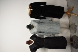 Three 1960s dresses, including dramatic black velvet dress with mink collar and pale blue lurex