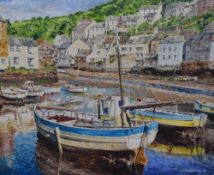 W. Harkness (20th Century), an oil on board, A colourful harbour painting depicting fishing boats in
