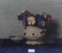 After C.Hay (20th Century), coloured print, A still life of flowers before a green tone background,