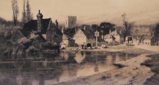 20th Century British School, two monochrome etchings, A townscape with river to the foreground & a