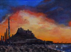 W.H. (Bill) Bewick (Contemporary, British), an oil on canvas, 'Holy Island, Northumberland', a