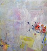 20th Century, an oil on canvas, A still life study depicting red petalled flowers against an