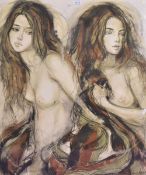 After Sheldon Schoneberg (b.1926, American), a coloured print, A portrait of two female nudes,