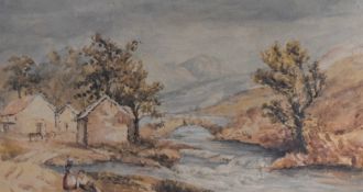 19th Century, British School, a watercolour, A rural landscape depicting farm buildings beside a