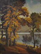 David Walsey (British 20th century)oil on canvas, autumnal woodland and river, signed, 90 x 70cm,