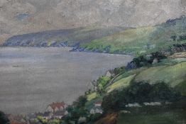 20th Century, British, an oil on canvas, A coastal landscape depicting rolling green hills to one