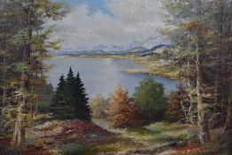Nicol (20th Century), oil on canvas, A colourful landscape depicting a forest opening out towards an