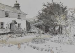 Claude Harrison (1922-2009), a watercolour, 'Atwood', a white wash farmhouse and its garden,
