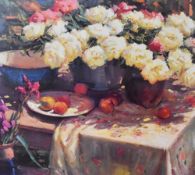 After Ovanes Berberian (b.1951, Russian-Armenian), a coloured print, 'Afternoon Peonies', framed,