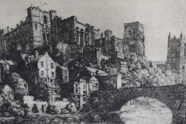 Walter Lishman (1900-1986), a monochrome etching, 'Durham Cathedral fr. Court Lane', signed to the