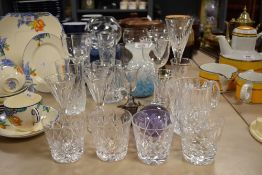A mixed lot of glass, including mottled blue vase, lilac Caithness paper weight, cut glass tumblers,