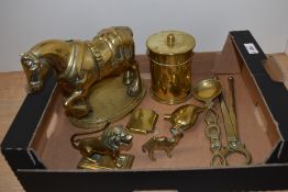 A brass trench art canister with lid, fabricated from shell casing, a lion paperweight, cast horse