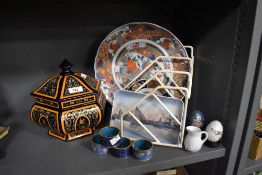 A variety of items, including cloisonne napkin rings, Copenhagen plate and Japanese charger etc.
