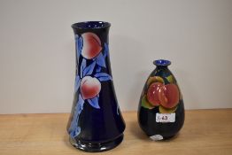 Two early 20th century Shelley vases, one of squat form with peach and grape design on dark blue