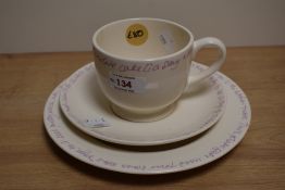 A Bridgwater pottery trio, having motto to edge.