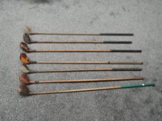 Seven early 20th century Hickory Shafted Golf Woods, RD Wickers of Bolton B1896, SB Wallace of