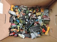A box of playworn diecasts including Dinky Military, Corgi, Matchbox etc aong with plastic