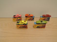 Five Matchbox Superfast 1970-1974 diecasts, H & I Boxes, No 44 Boss Mustang, No 51 Citroen SM, No 52