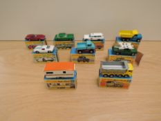 Nine Matchbox Superfast 1970-1973 diecasts, G Boxes, No 41 Ford GT, No 48 Dodge Dumper Truck, No