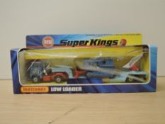 A 1974 Matchbox Super Kings diecasts, K23 Low Loader Hoch & Tief in blue and red, in original window
