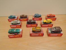 Ten 1977 Polistil Club 33 1:55 scale diecasts, RJ17 Ford Consul, RJ18 Ford Capri II, RJ19 Ford