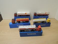 Five 1980's Siku diecast, Volvo F10 Transporter with Awnings x2, Volvo F7 Fuel Tankers x2, Esso