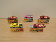 Five Matchbox Superfast 1970-1974 diecasts, H & I Boxes, No 32 Maserati Bora, No 40 Guildsman 1,