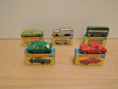 Five Matchbox Series Lesney 1969 diecasts, No 64 MG1100, green, No 66 Greyhound Coach, No 67