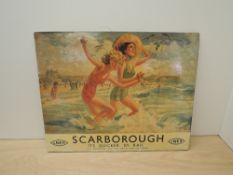 A reproduction LNER Poster on wooden board, Scarborough, It's Quicker by Rail, 53cm x 42cm