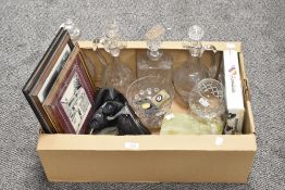 Four cut glass decanters, a vintage glass rolling pin, a plated vesta case bearing the British