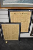 Two framed paged from the Oldham Evening Standard dated 27th October 1897 second edition and third