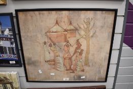 An African figurative batik print, displayed in a contemporary ebonised picture frame and under
