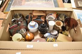 A miscellaneous selection of items including a vintage AA car badge, five pewter tankards, a vintage