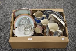 Four Adams Calyx Ware plates, a Copeland Spode blue Jasperware jug, a small amount of copper