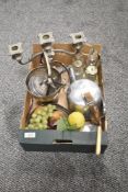 A selection of vintage flatware and plated ware, teapot, condiment set, tazza and candlestick to