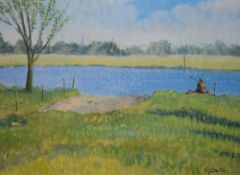 R.Chettle (20th Century, British), an oil on board, Fisherman by a river, possibly the Lune,