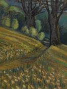 HCP (20th Century), pastel, two countryside landscapes, depicting a woodland path and a harvested