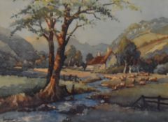 After George Ayling (1887-1960), a coloured print, A pastoral landscape with sheep grazing beside