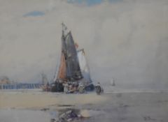 Artist Unknown (20th Century), a watercolour, A crowd unloading a beached fishing vessel, signed
