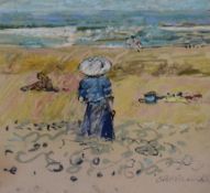 C.B Holland (20th Century), chalk, A beach landscape with figures, signed to the lower right, framed